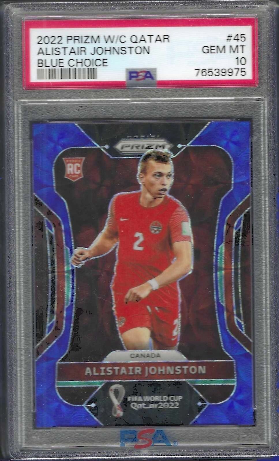 ALISTAIR JOHNSTON 2022 PANINI PRIZM CUP QATAR BLUE CHOICE RC /135 PSA 10 POP 2