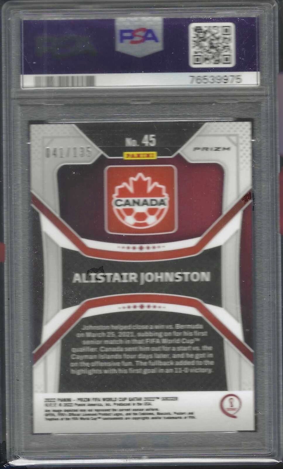 ALISTAIR JOHNSTON 2022 PANINI PRIZM CUP QATAR BLUE CHOICE RC /135 PSA 10 POP 2