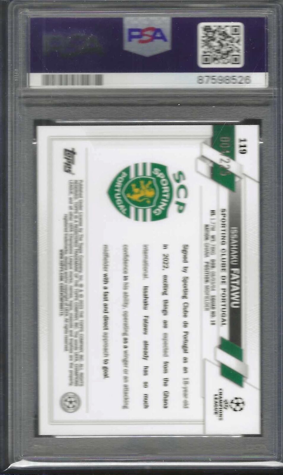ISSAHAKU FATAWU 2022-23 TOPPS CHROME NIGHT VISION RAYWAVE RC /225 PSA 9 POP 1/1