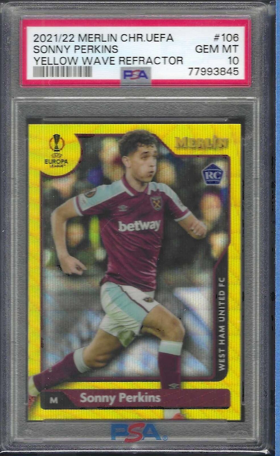 SONNY PERKINS 2021-22 TOPPS MERLIN YELLOW WAVE REFRACTOR RC /225 PSA 10 POP 1/1