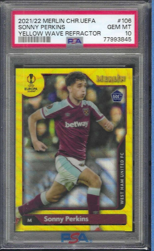 SONNY PERKINS 2021-22 TOPPS MERLIN YELLOW WAVE REFRACTOR RC /225 PSA 10 POP 1/1