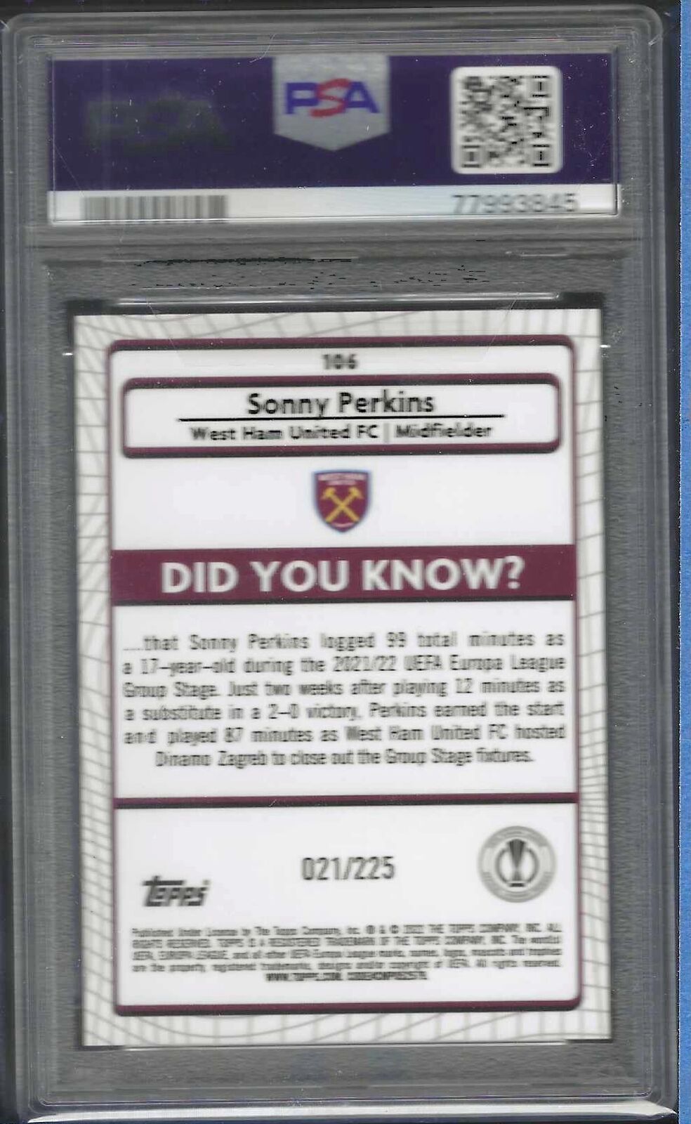 SONNY PERKINS 2021-22 TOPPS MERLIN YELLOW WAVE REFRACTOR RC /225 PSA 10 POP 1/1