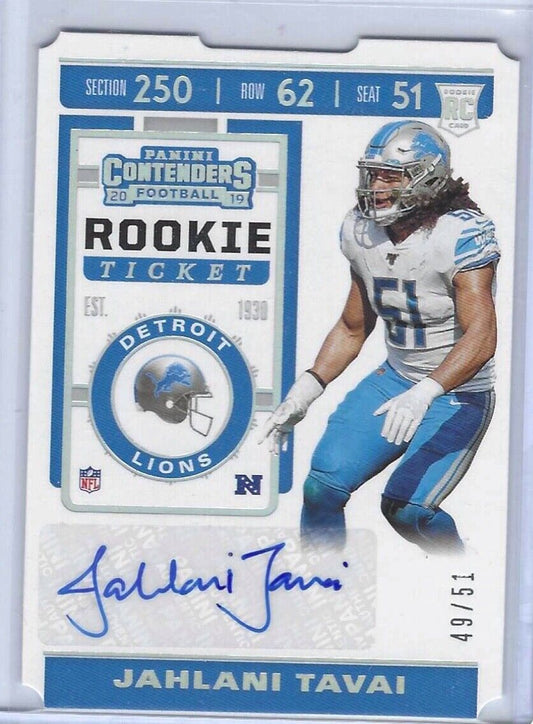 JAHLANI TAVAI 2019 CONTENDERS ROOKIE TICKET STUB DIE CUT AUTO RC #D 49/51