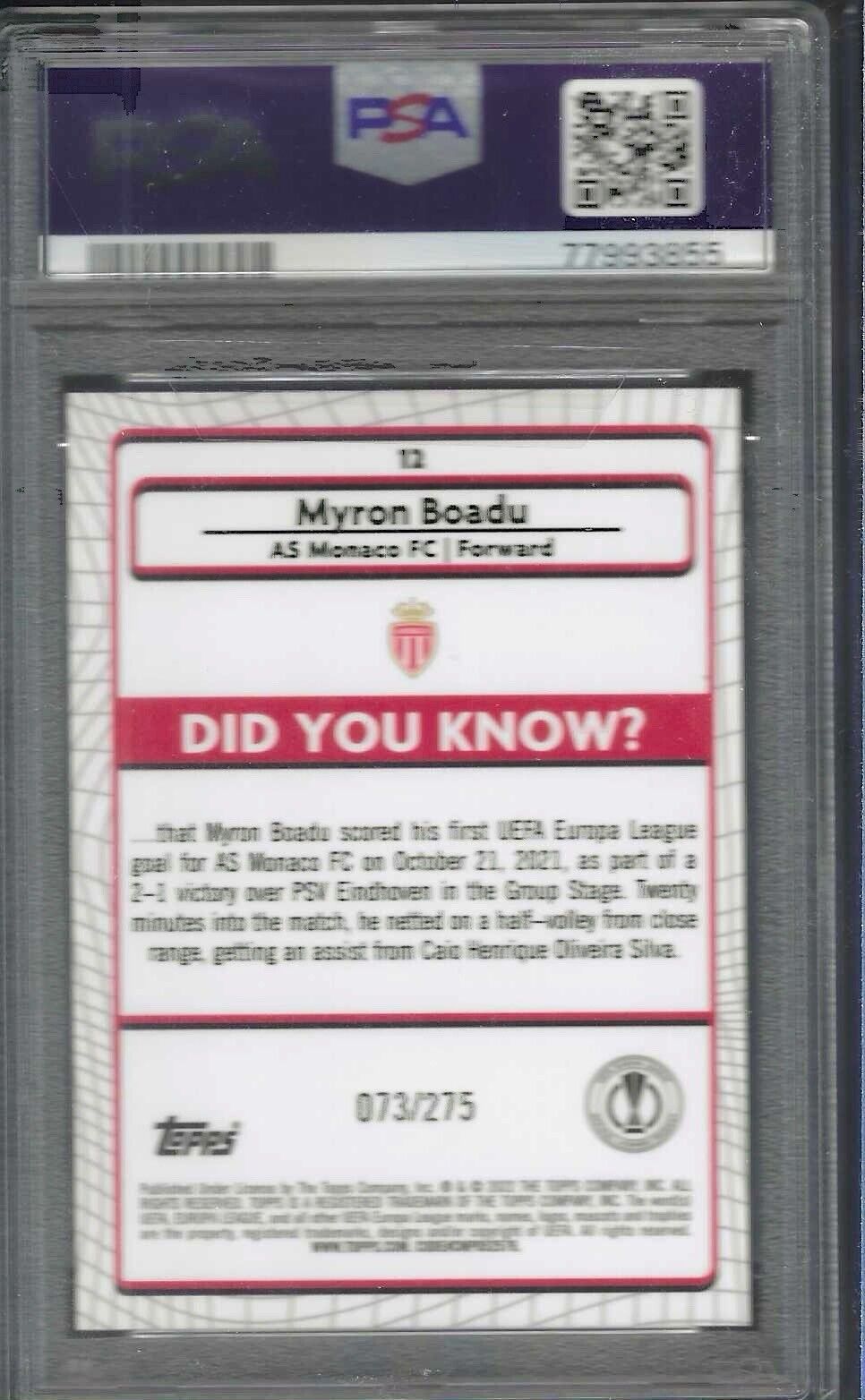 MYRON BOADU 2021-22 TOPPS MERLIN PINK MOJO REFRACTOR RC /275 PSA 9 POP 2