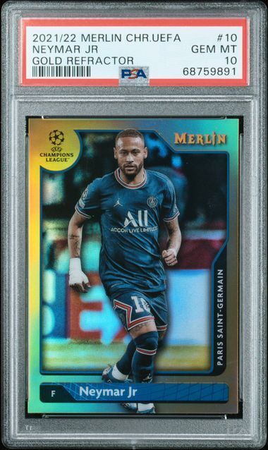 NEYMAR JR 2021-22 MERLIN CHROME UEFA GOLD REFRACTOR #D 34/50 PSA 10 GEM POP 2