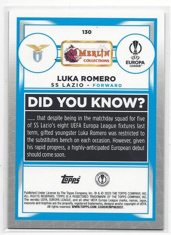 LUKA ROMERO 2022-23 TOPPS MERLIN CHROME SPECKLE REFRACTOR #D 9/150