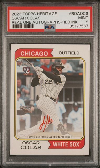 OSCAR COLAS 2023 TOPPS HERITAGE REAL ONE AUTO RED INK RC #D /74 PSA 10 POP 1/1