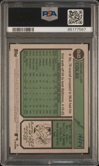 OSCAR COLAS 2023 TOPPS HERITAGE REAL ONE AUTO RED INK RC #D /74 PSA 10 POP 1/1