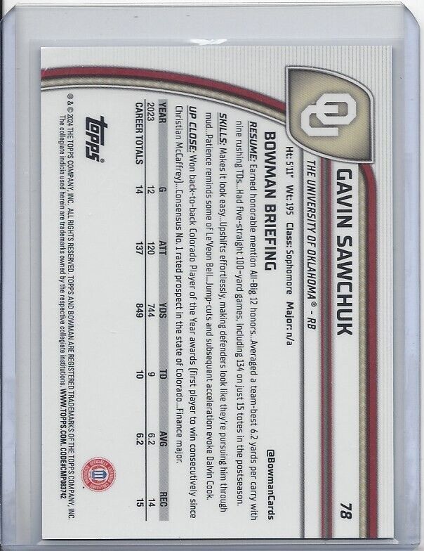 GAVIN SAWCHUK 2024 BOWMAN CHROME UNIVERSITY 1ST BLUE MINI DIAMOND REFRACTOR /175