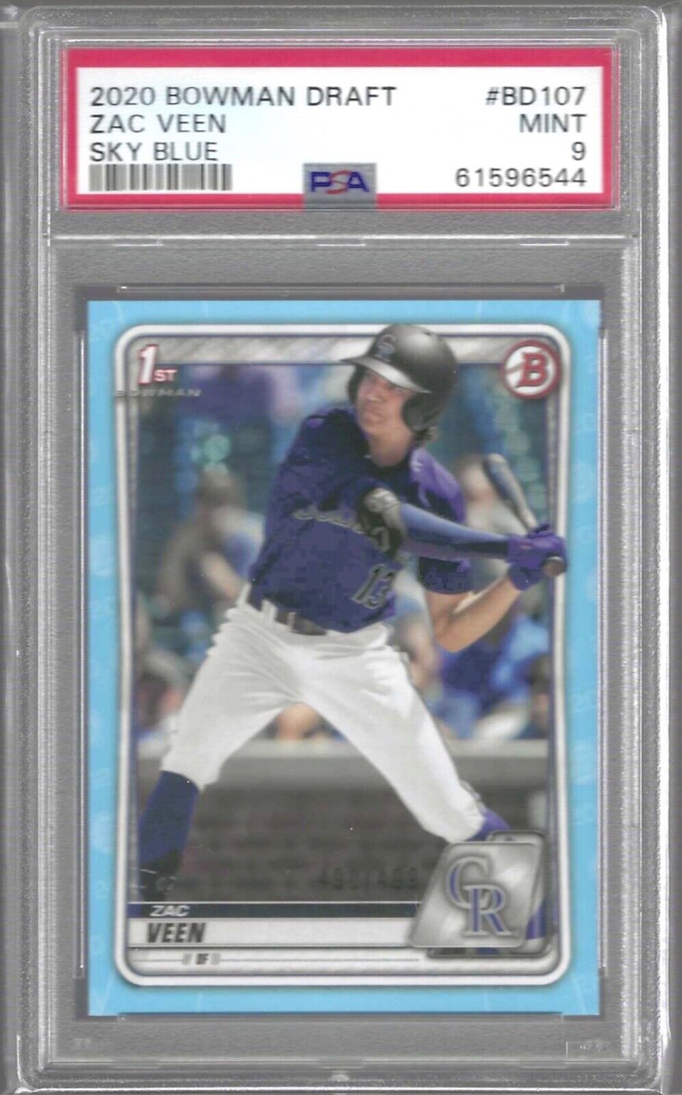 ZAC VEEN 2020 BOWMAN DRAFT SKY BLUE 1ST PROSPECT /499 PSA 9 MINT POP 8