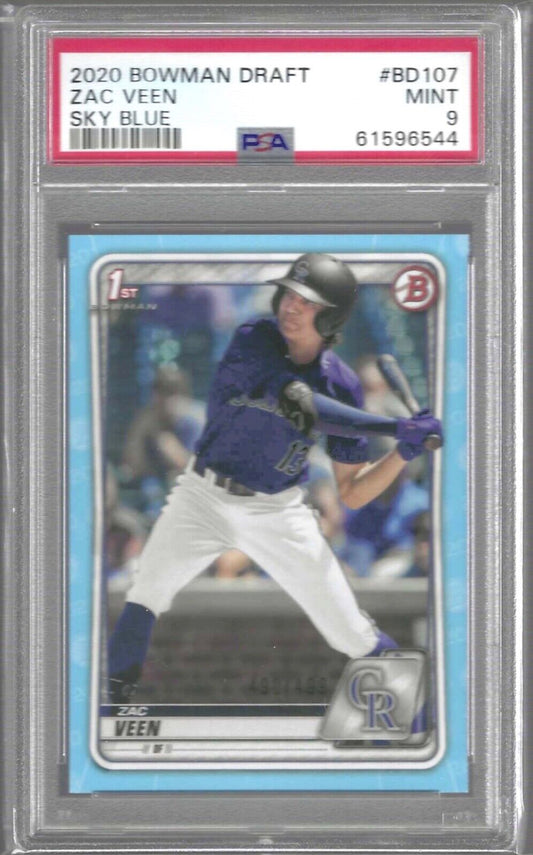 ZAC VEEN 2020 BOWMAN DRAFT SKY BLUE 1ST PROSPECT /499 PSA 9 MINT POP 8