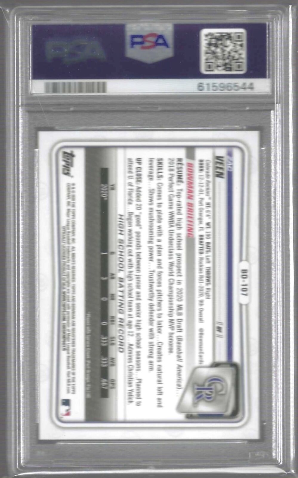 ZAC VEEN 2020 BOWMAN DRAFT SKY BLUE 1ST PROSPECT /499 PSA 9 MINT POP 8