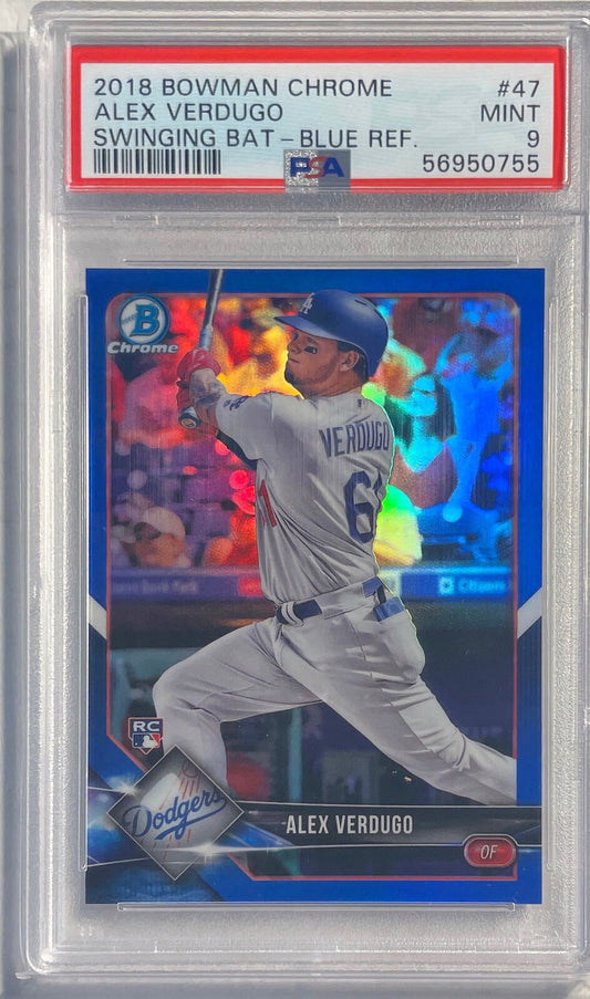 ALEX VERDUGO 2018 BOWMAN CHROME BLUE REFRACTOR RC #D 013/150 PSA 9 MINT POP 4