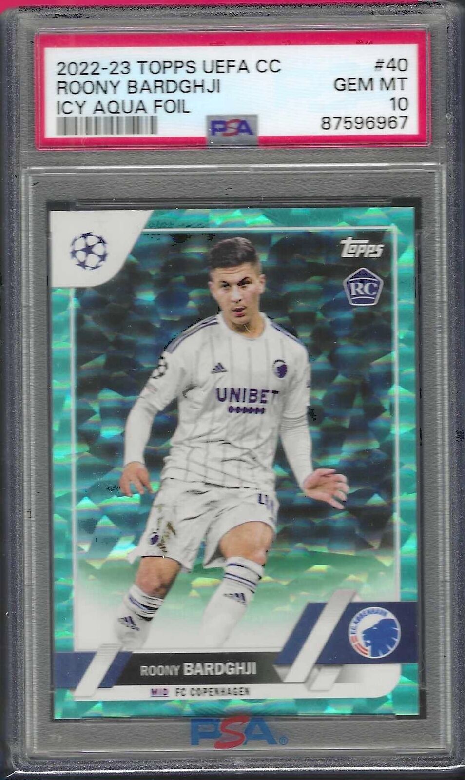 ROONY BARDGHJI 2022-23 TOPPS UEFA ICY AQUA FOIL RC /399 PSA 10 GEM MINT POP 1/1