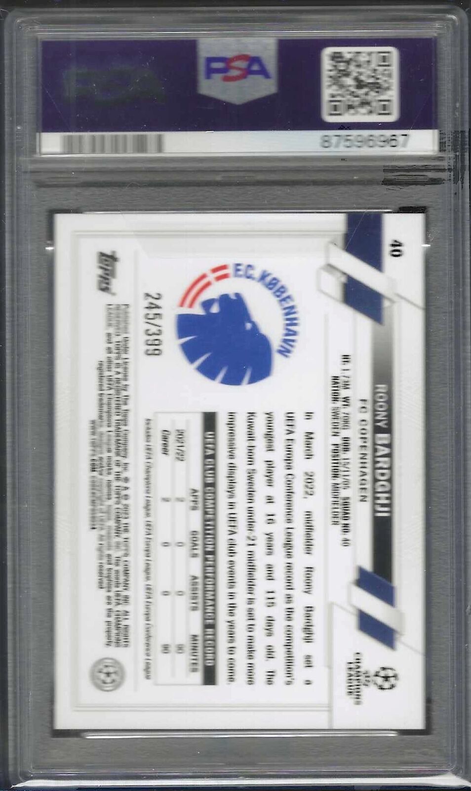 ROONY BARDGHJI 2022-23 TOPPS UEFA ICY AQUA FOIL RC /399 PSA 10 GEM MINT POP 1/1
