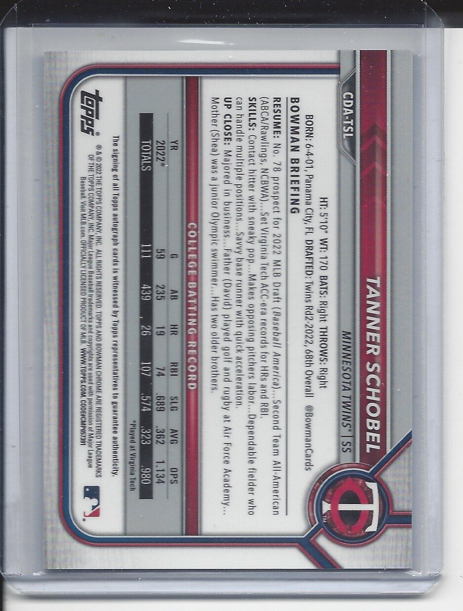 TANNER SCHOBEL 2022 BOWMAN DRAFT CHROME 1ST PROSPECT ON CARD AUTO