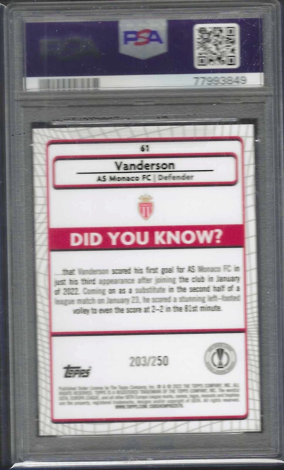 VANDERSON 2021-22 TOPPS MERLIN ATOMIC REFRACTOR RC /250 PSA 10 GEM MINT POP 4