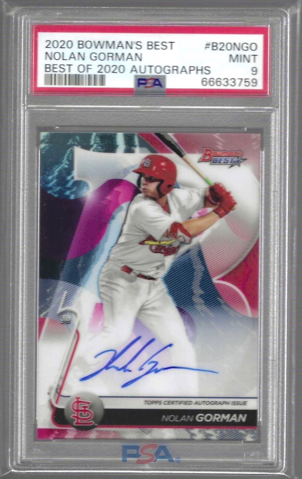 NOLAN GORMAN 2020 BOWMANS BEST OF 2020 PROSPECT AUTO #B20-NGO PSA 9 POP 23