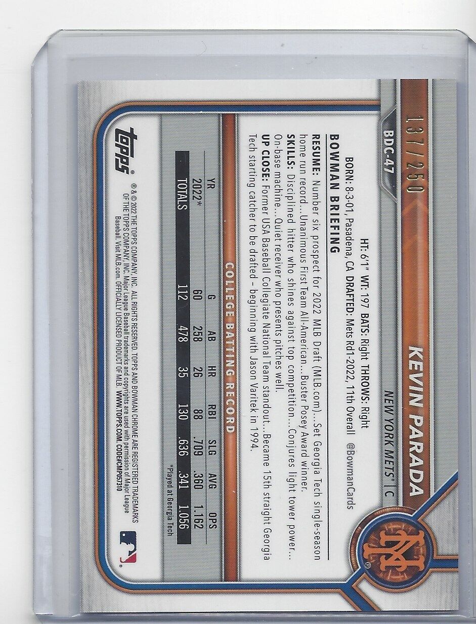 KEVIN PARADA 2022 BOWMAN DRAFT CHROME 1ST PURPLE REFRACTOR PROSPECT #D 137/250