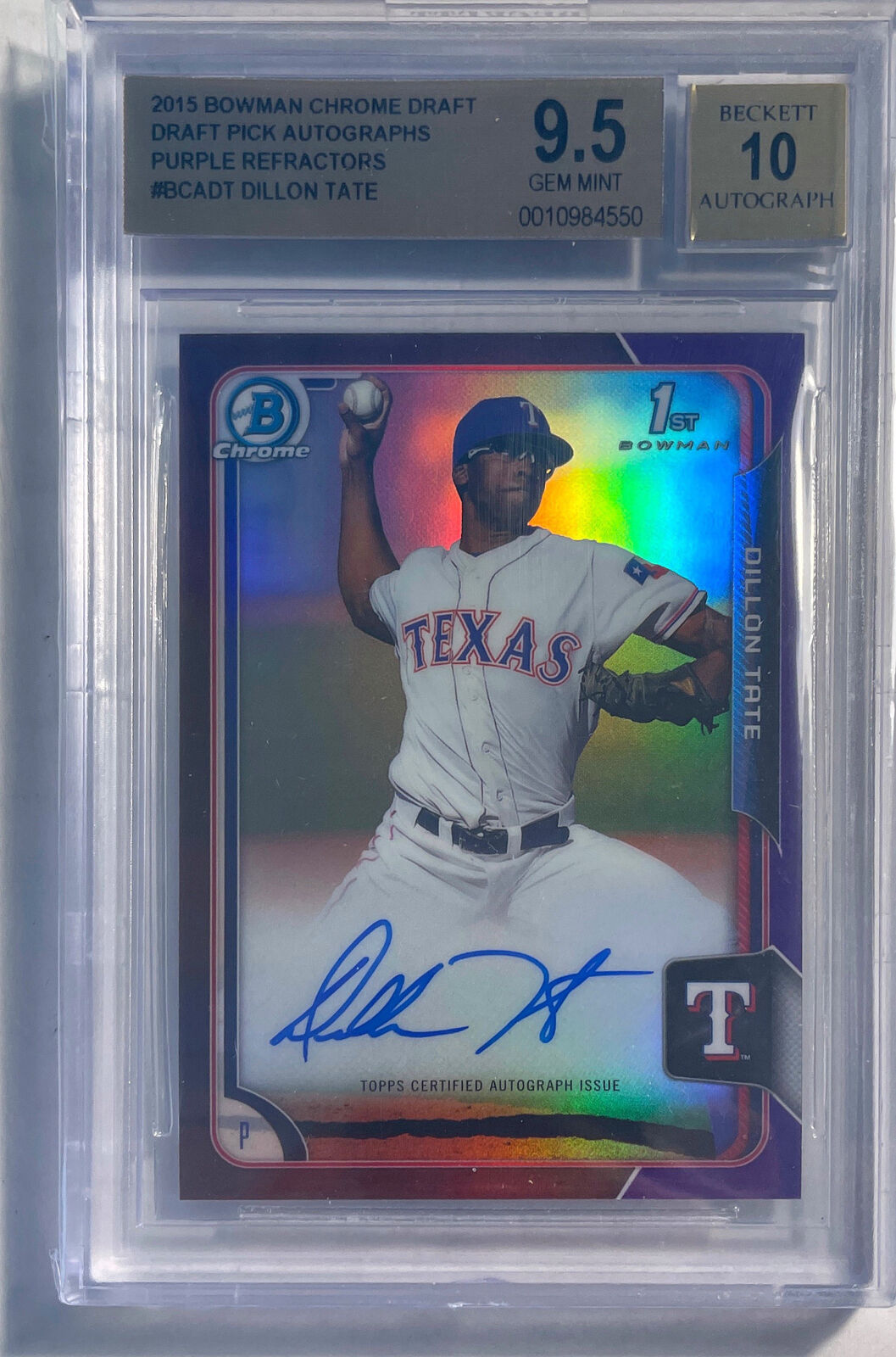 DILLON TATE 2015 BOWMAN CHROME 1ST PURPLE REFRACTOR AUTO /250 BGS 9.5 10 AU GEM