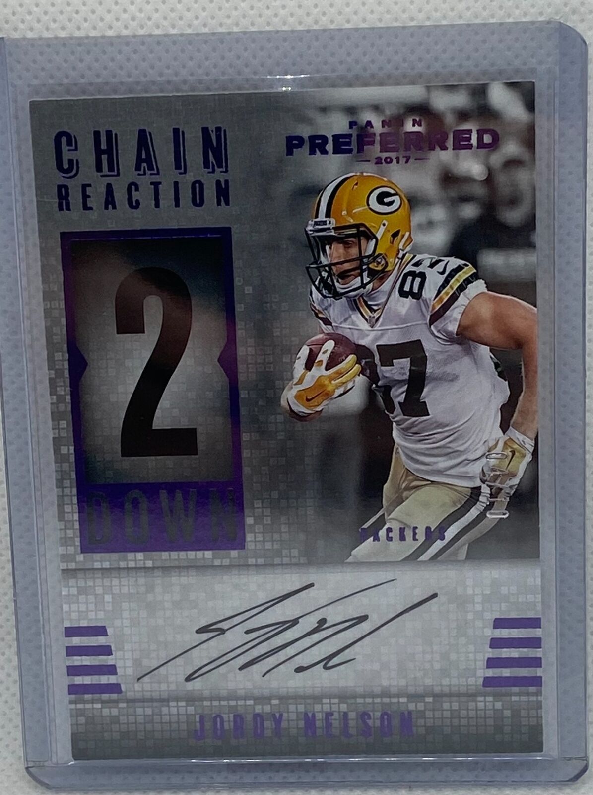 JORDY NELSON 2017 PANINI CHAIN REACTION PANINI PREFERRED PURPLE AUTO #D 4/10