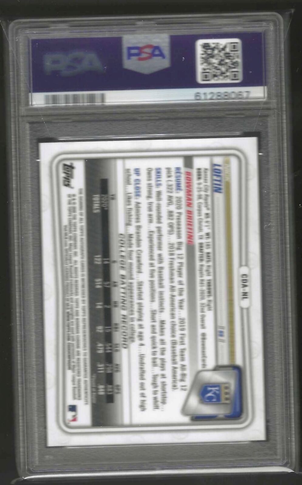 NICK LOFTIN 2020 BOWMAN DRAFT CHROME GOLD REFRACTOR 1ST PROSPECT AUTO /50 PSA 9