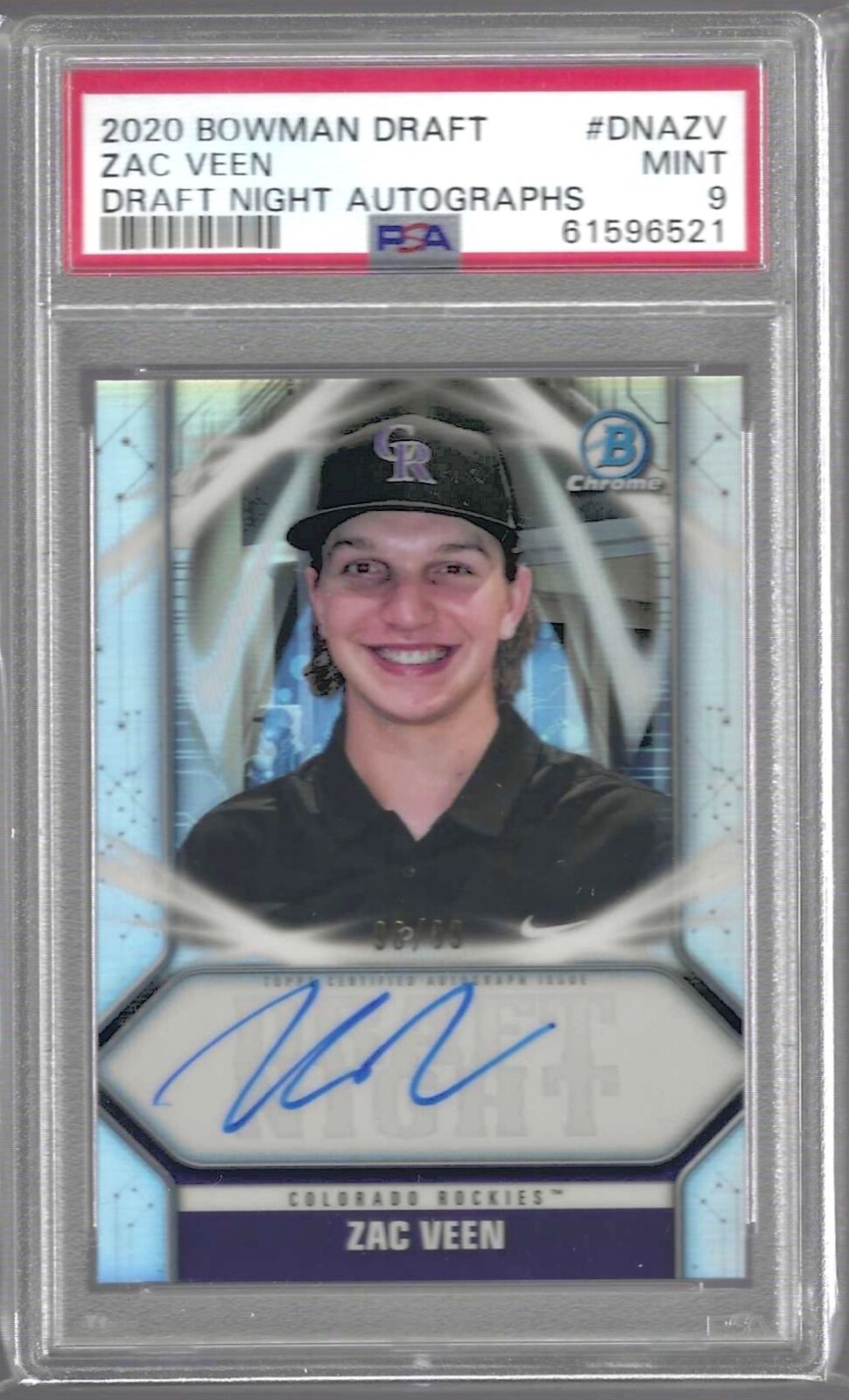 ZAC VEEN 2020 BOWMAN DRAFT REFRACTOR DRAFT NIGHT PROSPECT AUTO /99 PSA 9 POP 6