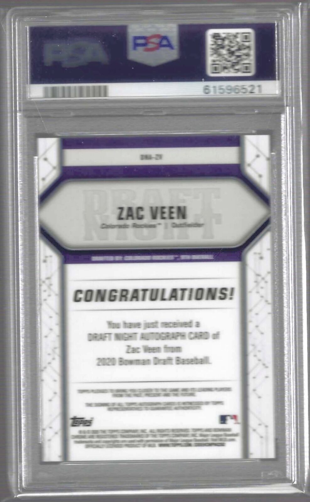 ZAC VEEN 2020 BOWMAN DRAFT REFRACTOR DRAFT NIGHT PROSPECT AUTO /99 PSA 9 POP 6