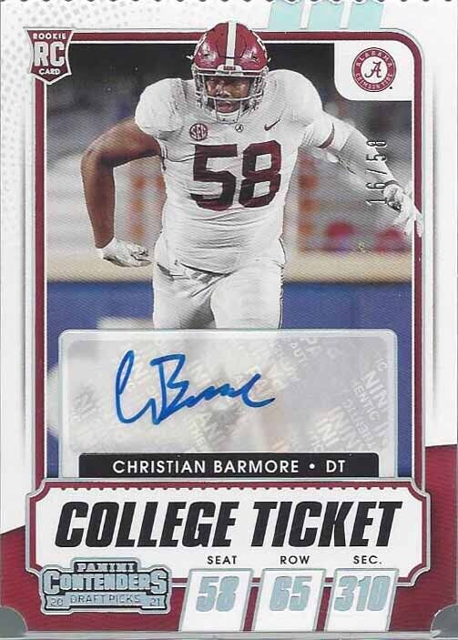CHRISTIAN BARMORE 2021 PANINI CONTENDERS COLLEGE TICKET STUB DIE CUT AUTO RC /58