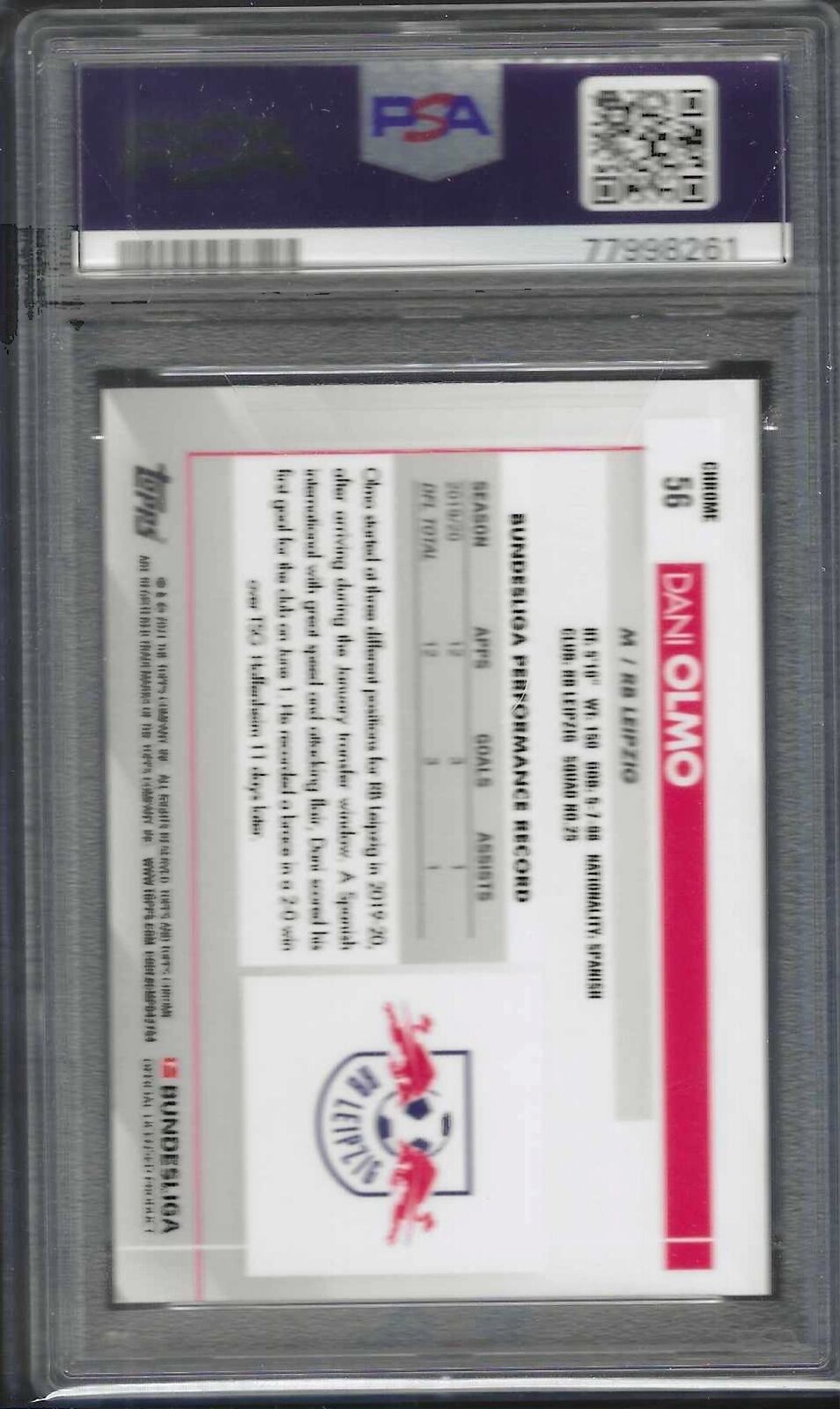 DANI OLMO 2020-21 TOPPS CHROME BUNDESLIGA PURPLE REFRACTOR /299 PSA 9 POP 1/1