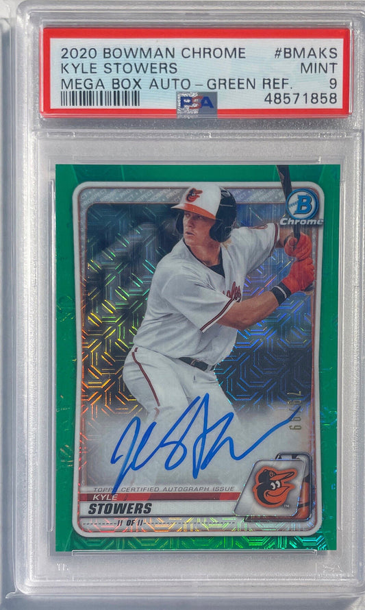 KYLE STOWERS 2020 BOWMAN CHROME GREEN MEGA REFRACTOR AUTO #D 79/99 PSA 9 POP 3