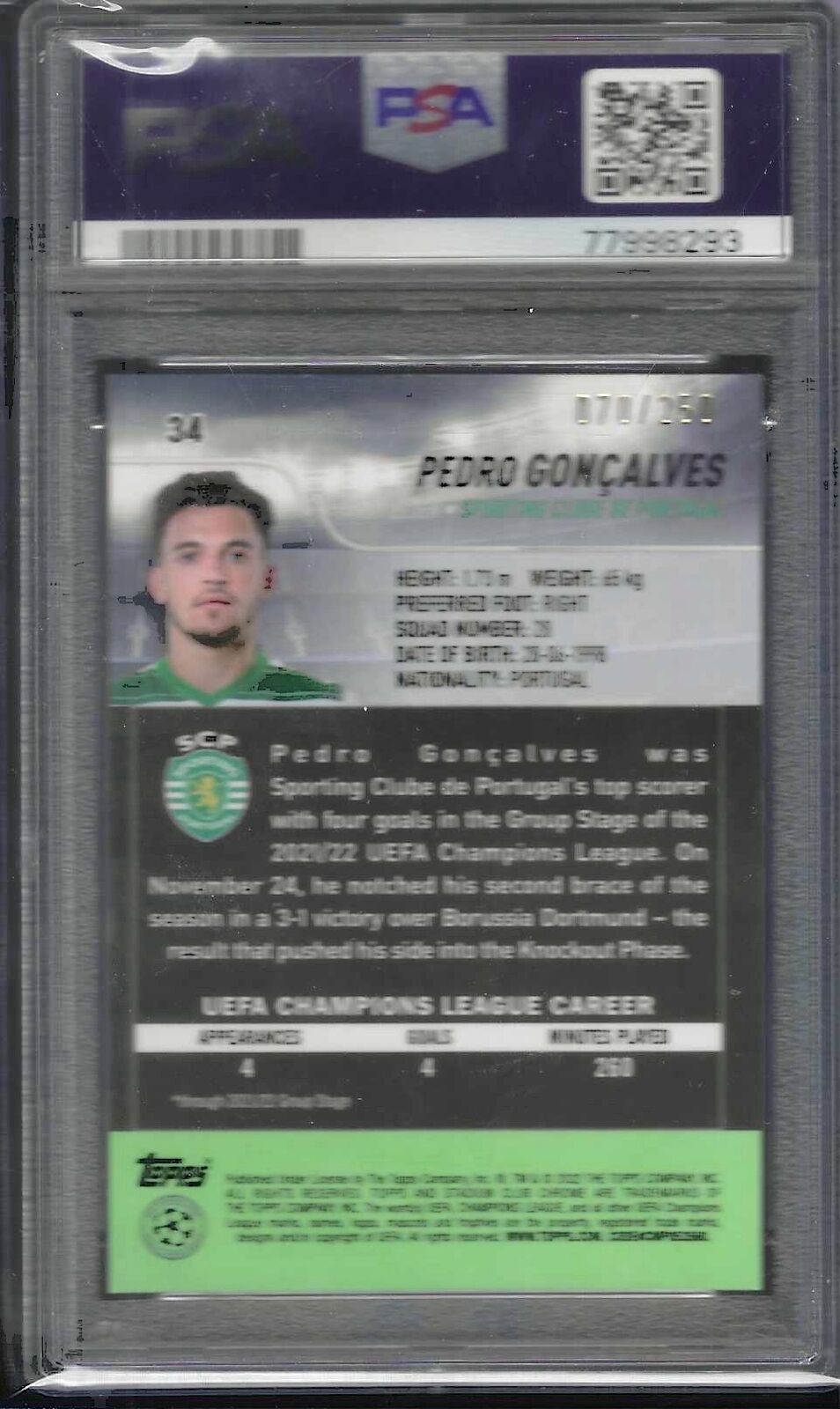 PEDRO GONCALVES 2021-22 STADIUM CLUB CHROME AQUA WAVE RC /250 PSA 9 MINT POP 1/1
