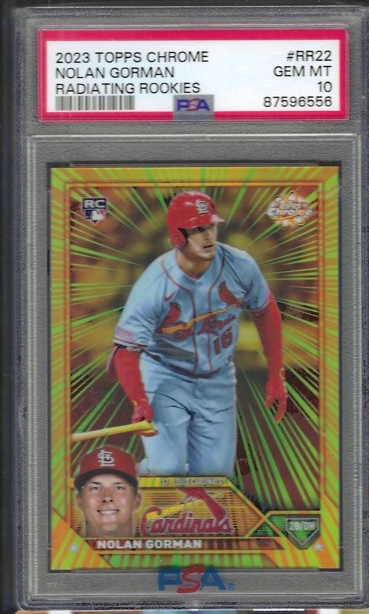 NOLAN GORMAN 2023 TOPPS CHROME RADIATING ROOKIES SSP RC #RR-22 PSA 10 GEM MINT