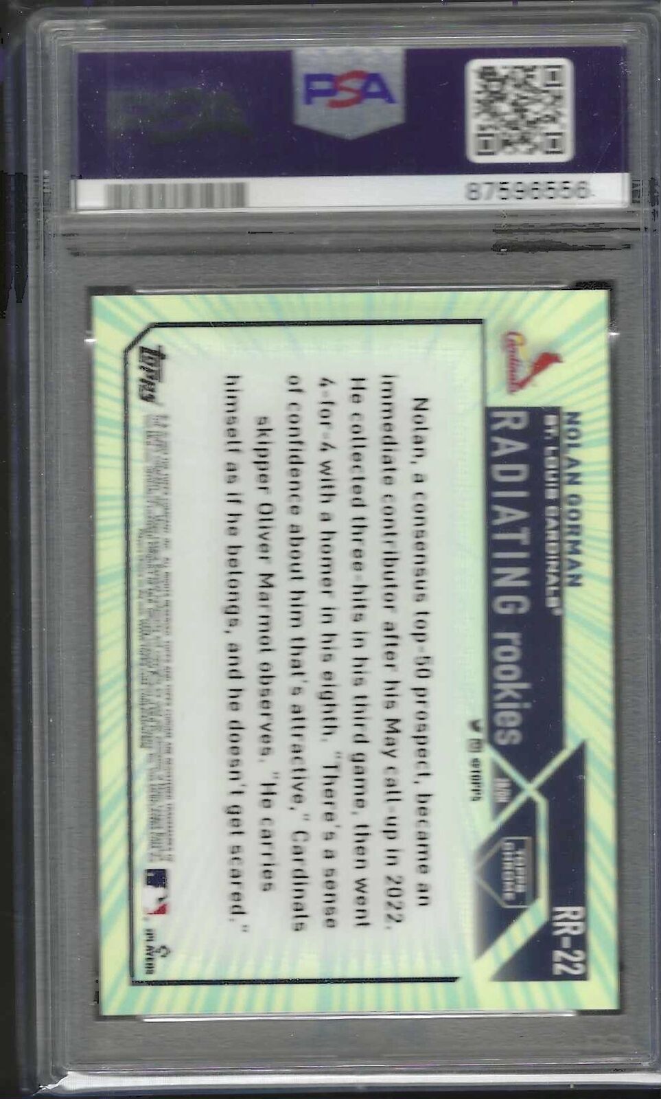 NOLAN GORMAN 2023 TOPPS CHROME RADIATING ROOKIES SSP RC #RR-22 PSA 10 GEM MINT