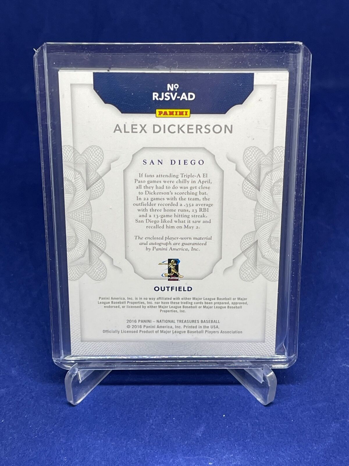 ALEX DICKERSON 2016 PANINI NATIONAL TREASURES PURPLE RPA PATCH AUTO RC #D 29/49