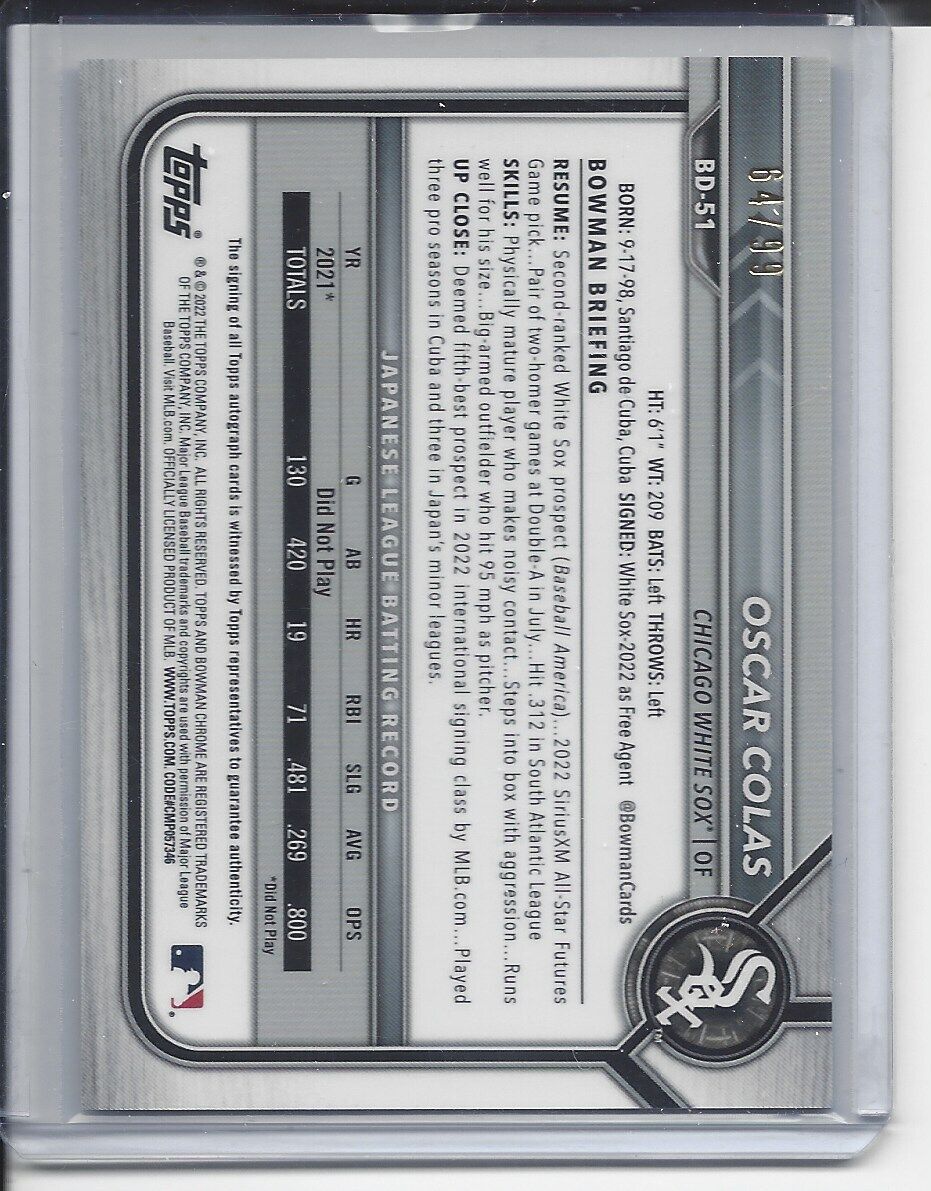 OSCAR COLAS 2022 BOWMAN DRAFT CHROME PHOTO VARIATION REFRACTOR AUTO #D 64/99