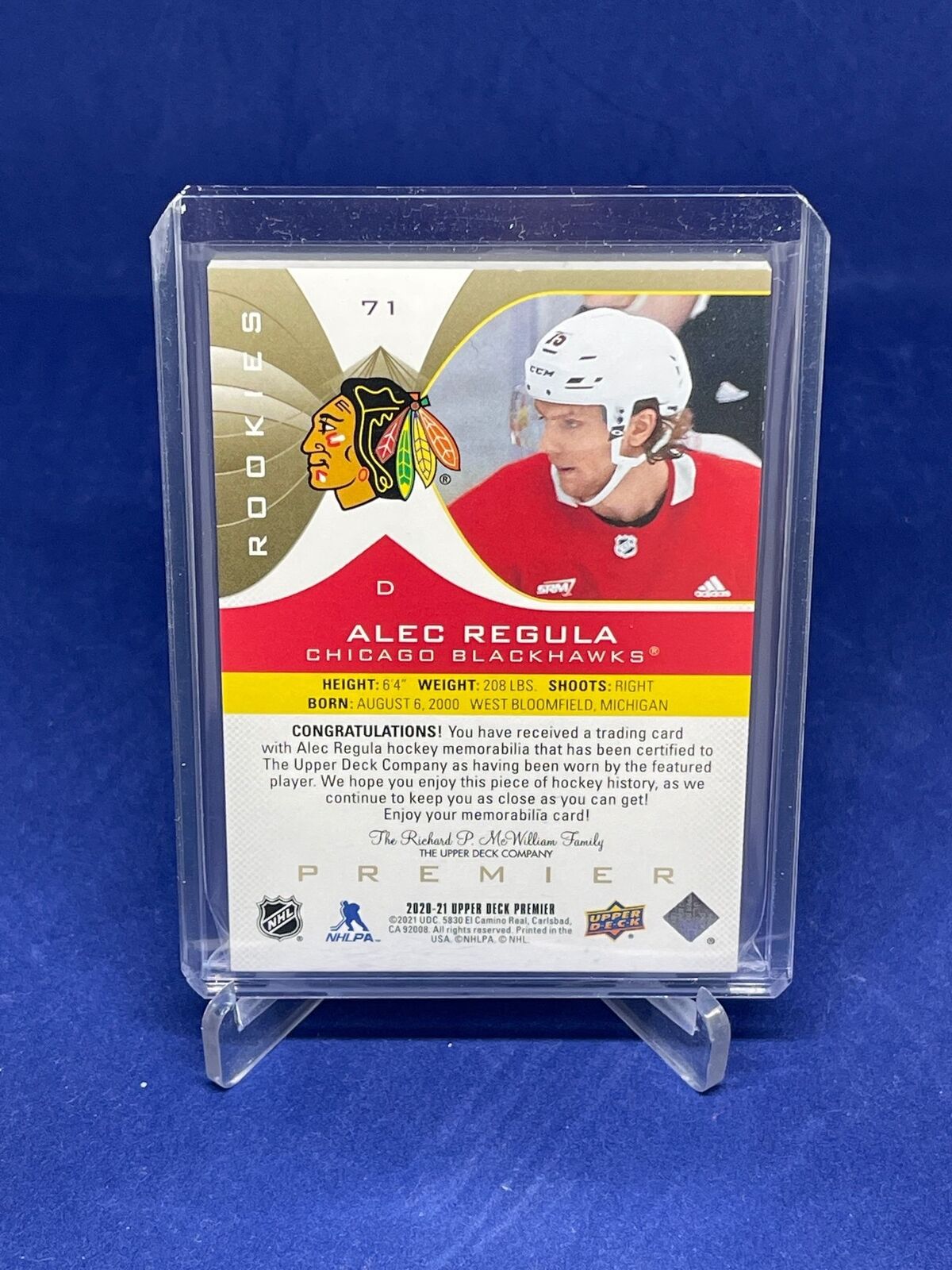 ALEC REGULA 2020-21 UPPER DECK PREMIER GOLD ROOKIE 4 COLOR PATCH RC #D 34/49