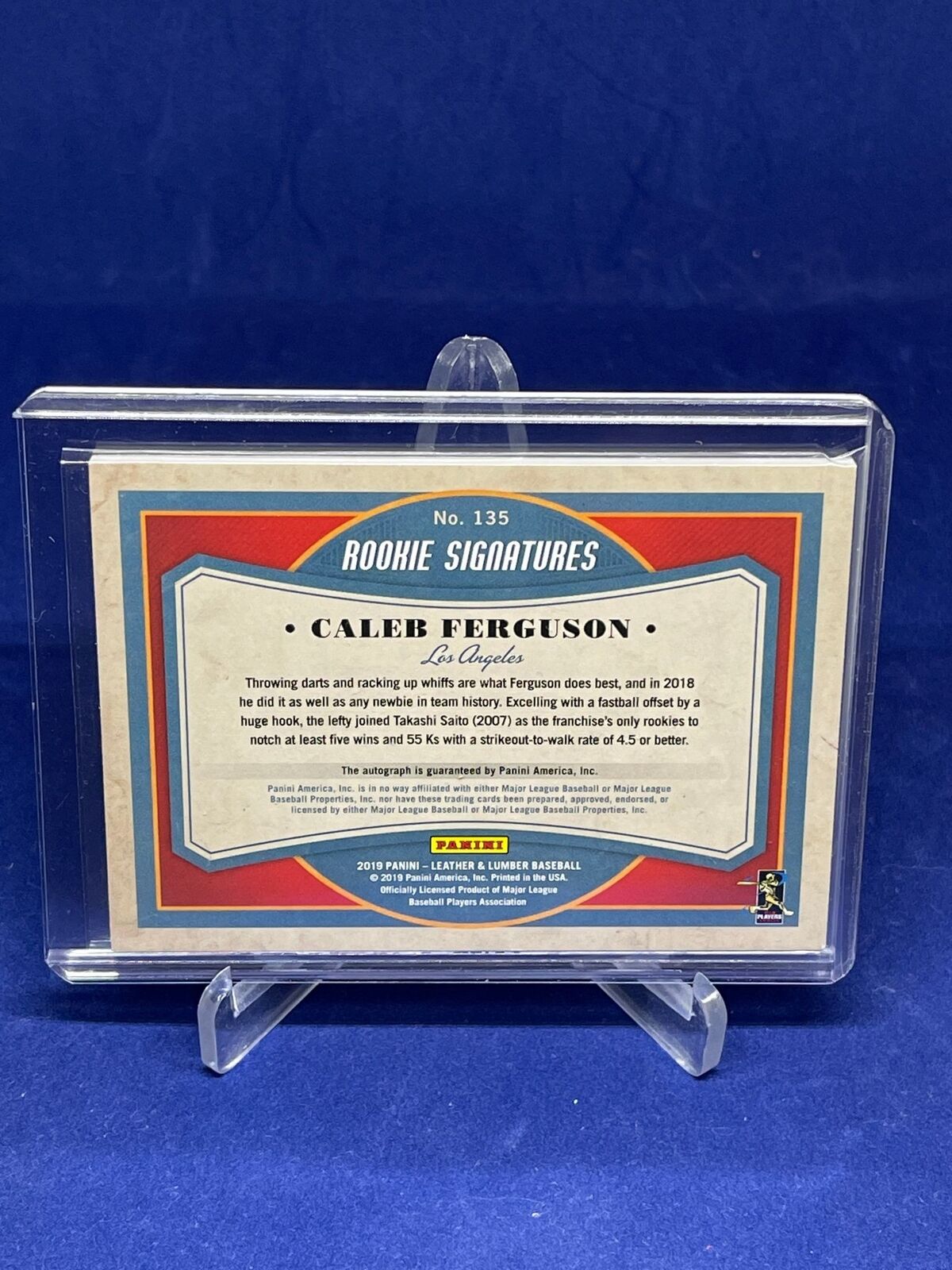 CALEB FERGUSON 2019 PANINI LEATHER AND LUMBER ROOKIE AUTO RC #D 22/35