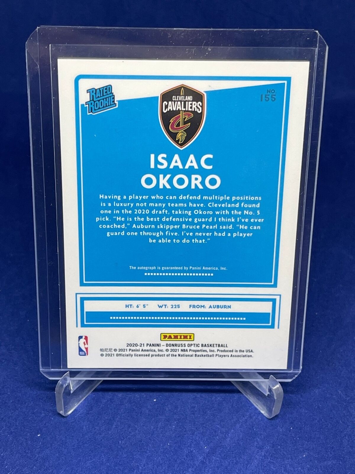 ISAAC OKORO 2020-21 PANINI DONRUSS OPTIC RATED ROOKIE ON CARD AUTO RC #155