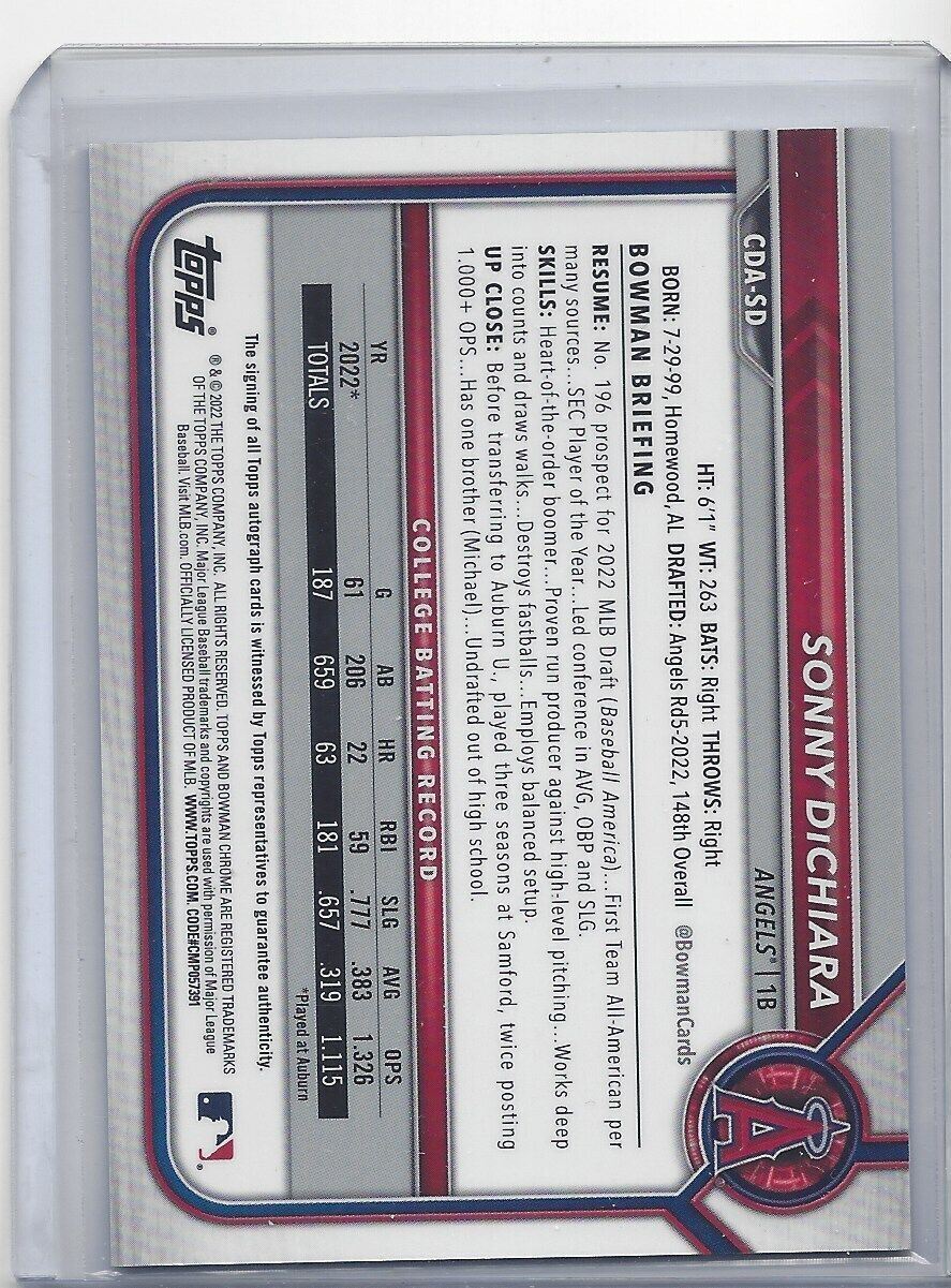 SONNY DICHIARA 2022 BOWMAN DRAFT CHROME 1ST PURPLE REFRACTOR AUTO #D 191/250
