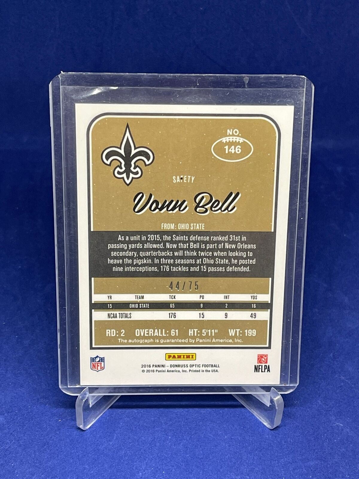 VONN BELL 2016 PANINI DONRUSS OPTIC BLUE HOLO PRIZM AUTO ROOKIE RC #D 44/75