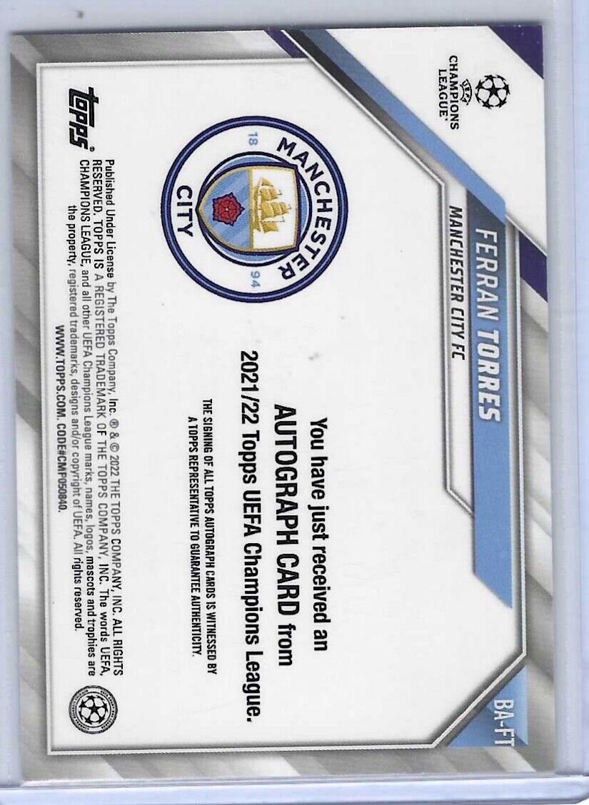 FERRAN TORRES 2021-22 TOPPS UEFA SILVER FOIL AUTO #BA-FT