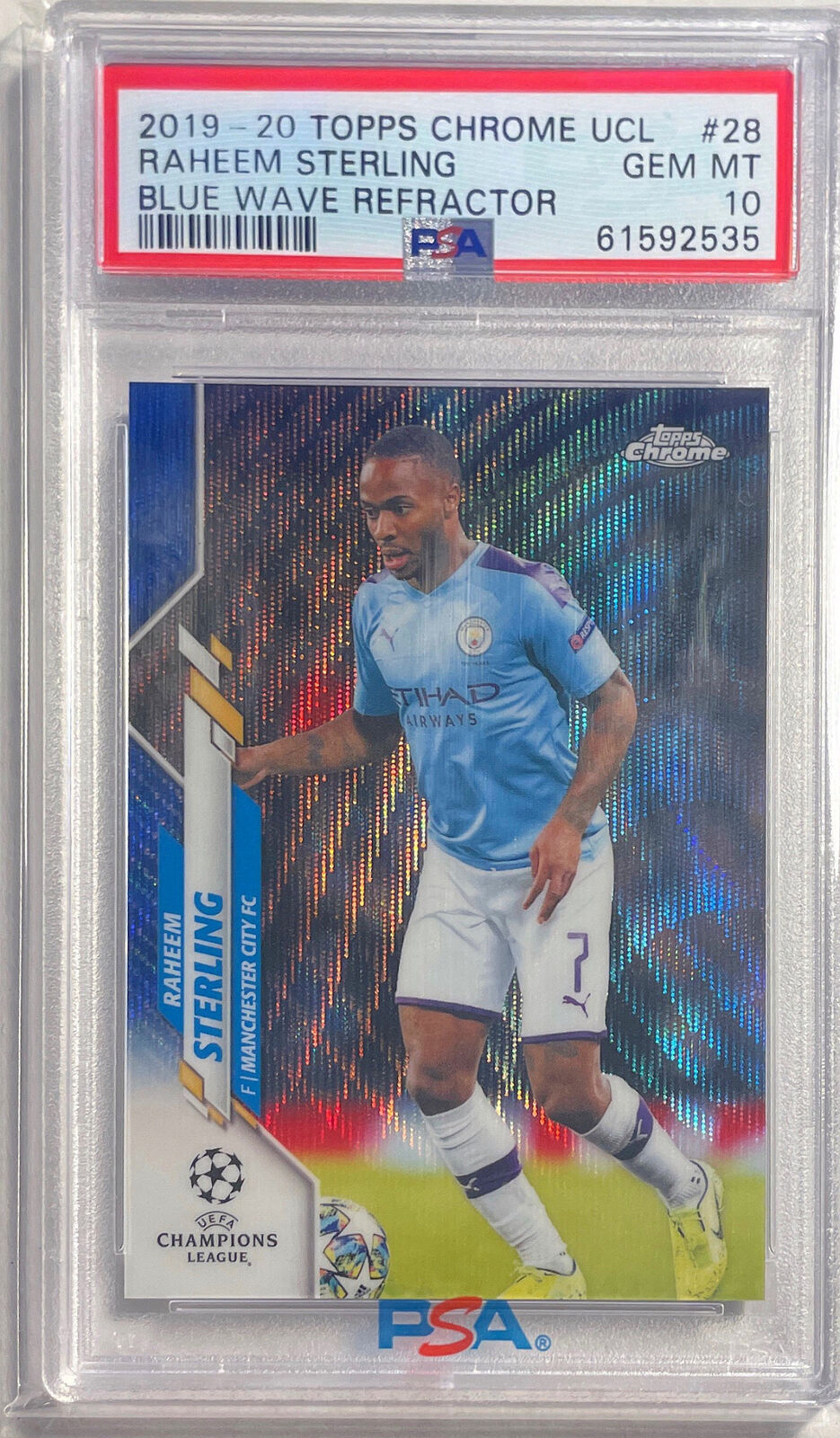 RAHEEM STERLING 2019-20 TOPPS CHROME UCL BLUE WAVE REFRACTOR #D /75 PSA 10 POP 4