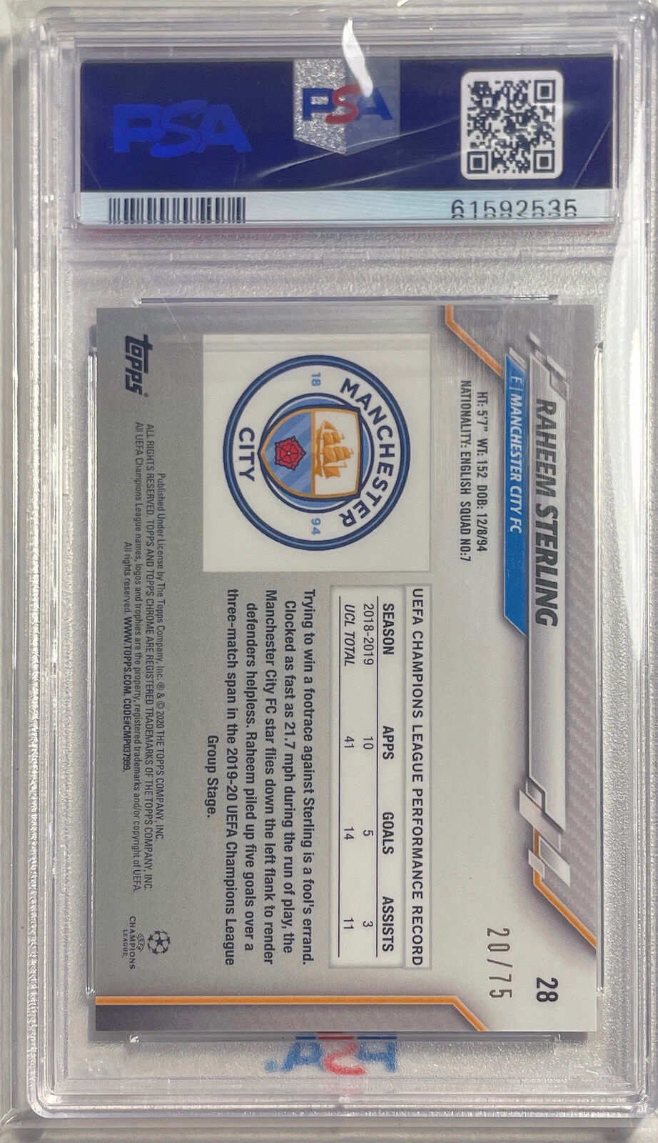 RAHEEM STERLING 2019-20 TOPPS CHROME UCL BLUE WAVE REFRACTOR #D /75 PSA 10 POP 4