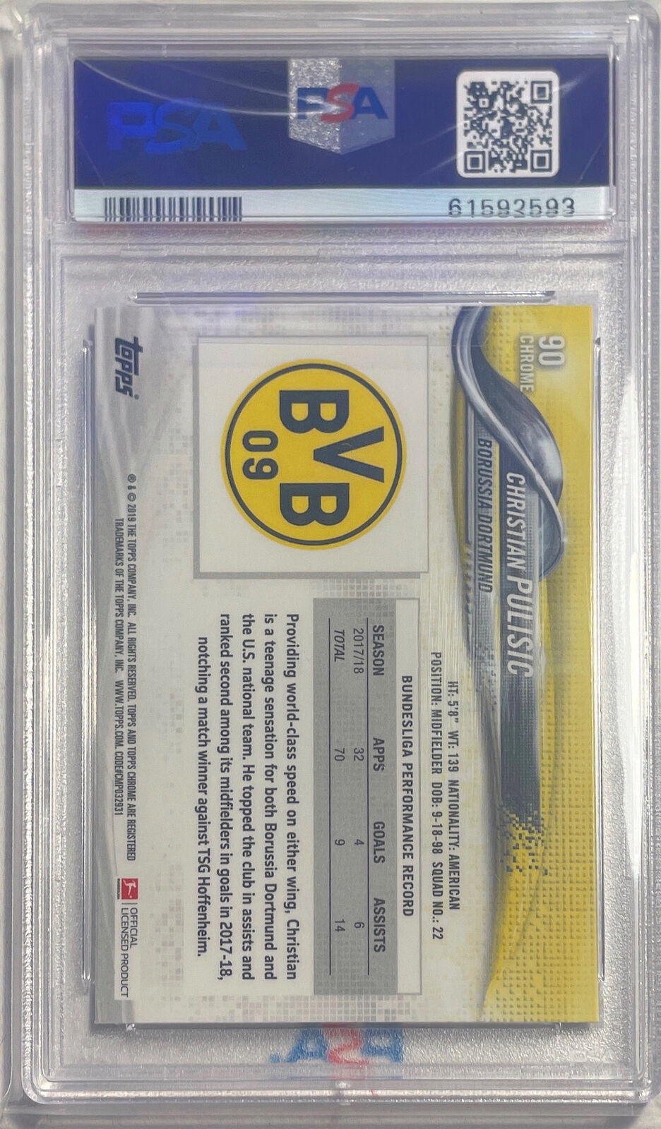 CHRISTIAN PULISIC 2018-19 TOPPS CHROME BUNDESLIGA RC #90 PSA 10 GEM MINT POP 61