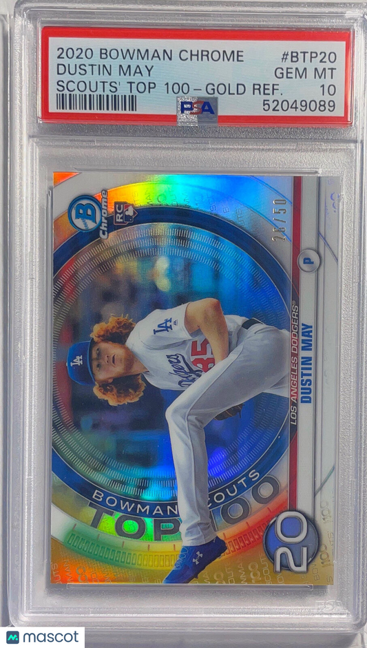 DUSTIN MAY 2020 BOWMAN CHROME SCOUTS TOP 100 GOLD REFRACTOR /50 PSA 10 GEM POP 2