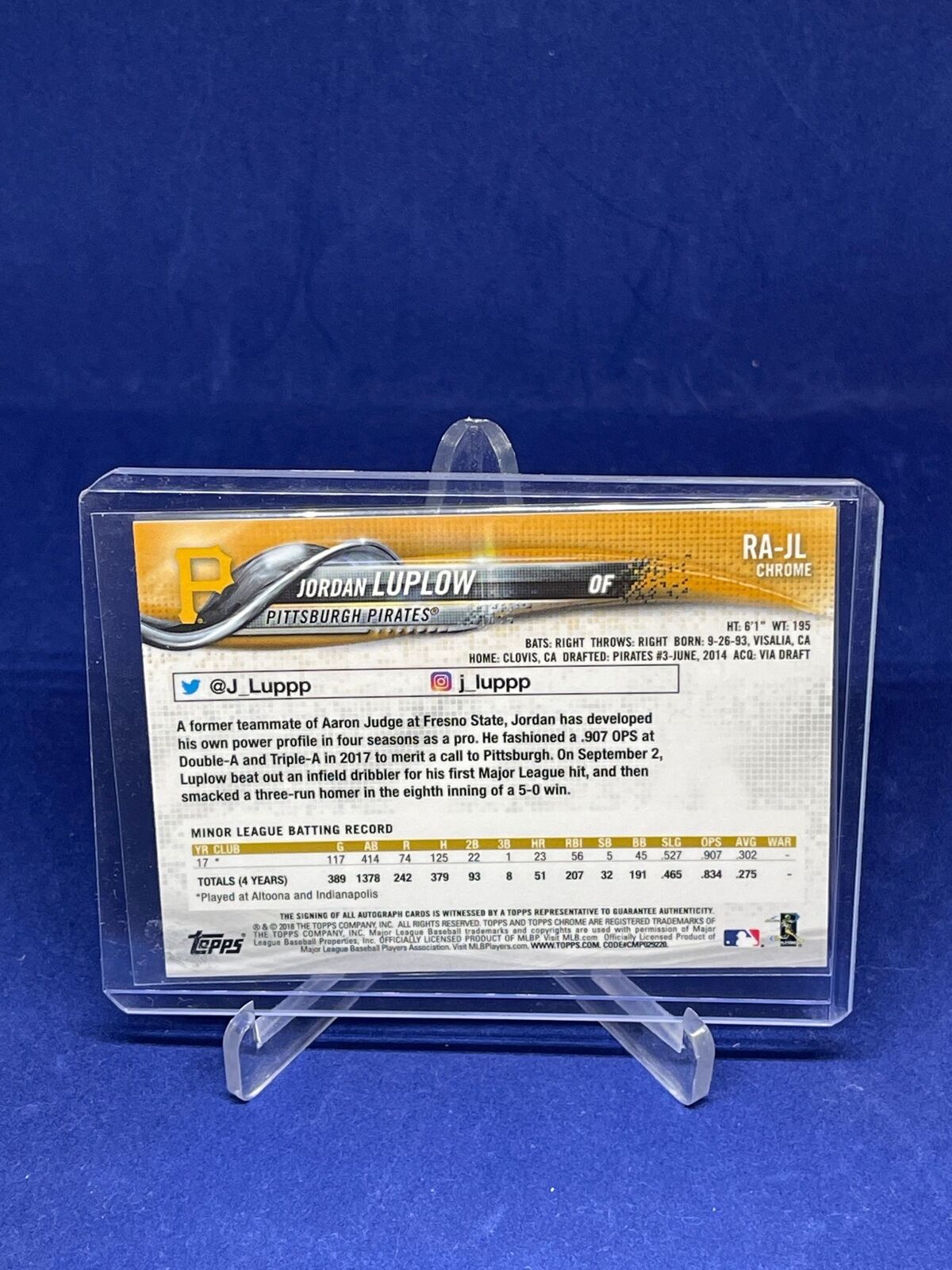 JORDAN LUPLOW 2018 TOPPS CHROME ON CARD AUTO ROOKIE RC