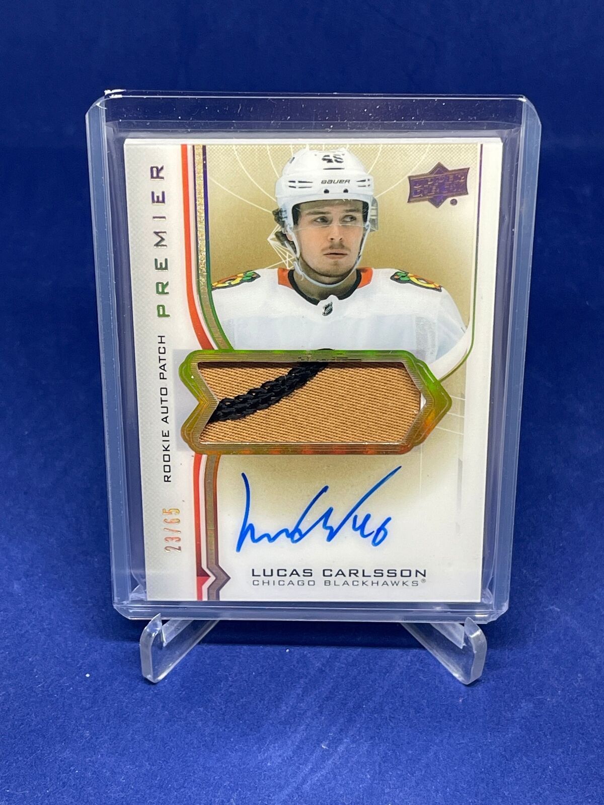 LUCAS CARLSSON 2020-21 UPPER DECK PREMIER GOLD RPA ROOKIE PATCH AUTO RC #D 23/65