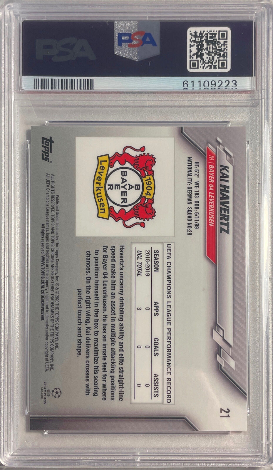 KAI HAVERTZ 2019-20 TOPPS CHROME UCL GREEN BUBBLES REFRACTOR #21 PSA 10 POP 4