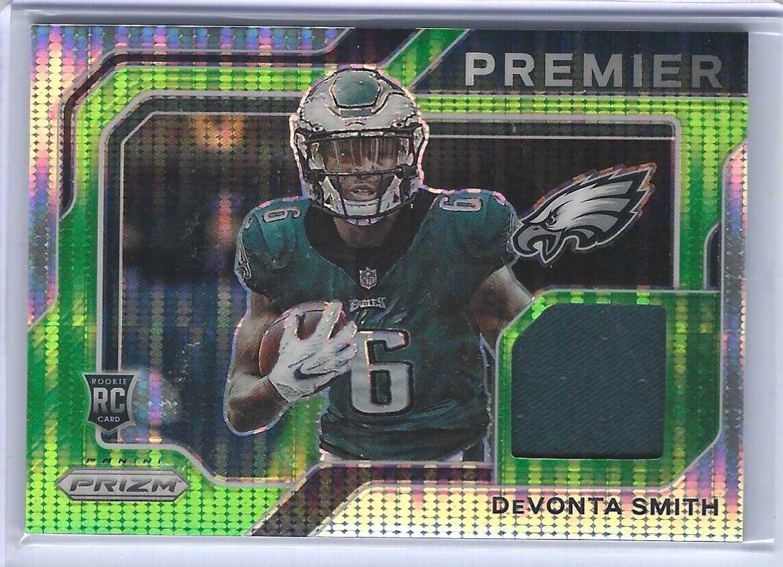 DEVONTA SMITH 2021 PANINI PRIZM GREEN PULSAR PRIZM PREMIER ROOKIE JERSEY RC